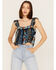 Band of the Free Women's Sleepless Nights Stripe Floral Print Ruffle Sleeveless Top, Navy, hi-res