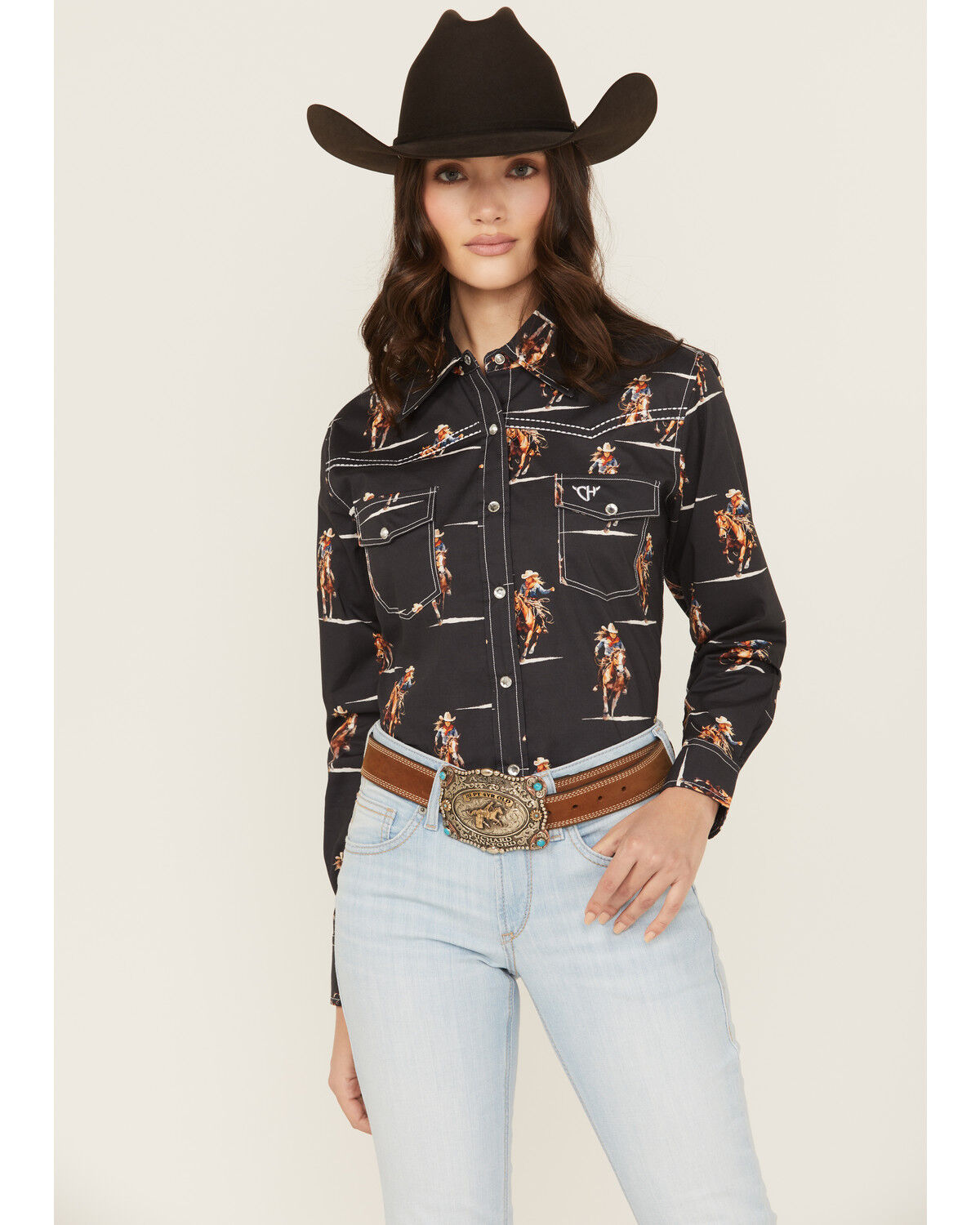 Image #1 - Cowgirl Hardware Women's Cowgirl Conversation Print Long Sleeve Snap Stretch Western Shirt, Black, hi-res