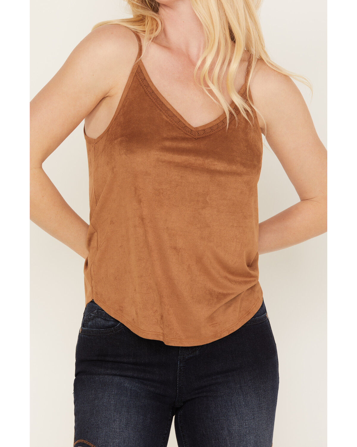 Image #3 - Shyanne Women's Crochet Lace Faux Suede Cami Top, Brown, hi-res