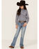 Roper Girls' Amarillo Floral Print Long Sleeve Western Pearl Snap Shirt, Blue, hi-res