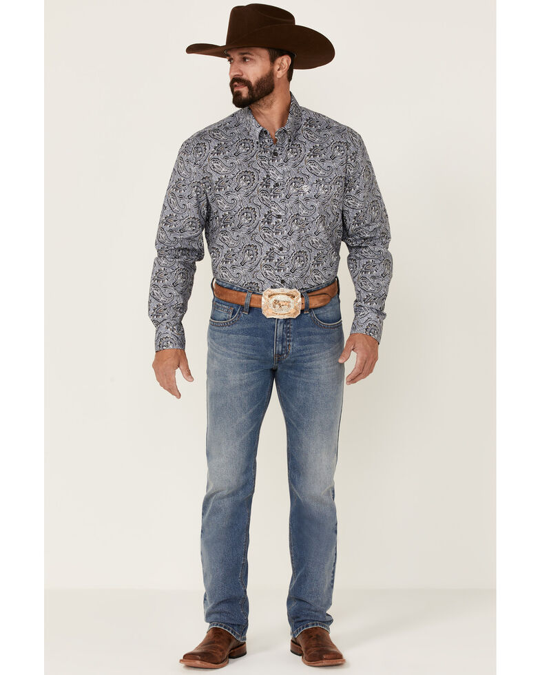 Rock & Roll Denim Men's Paisley Print Long Sleeve Button-Down Western Shirt , Blue, hi-res