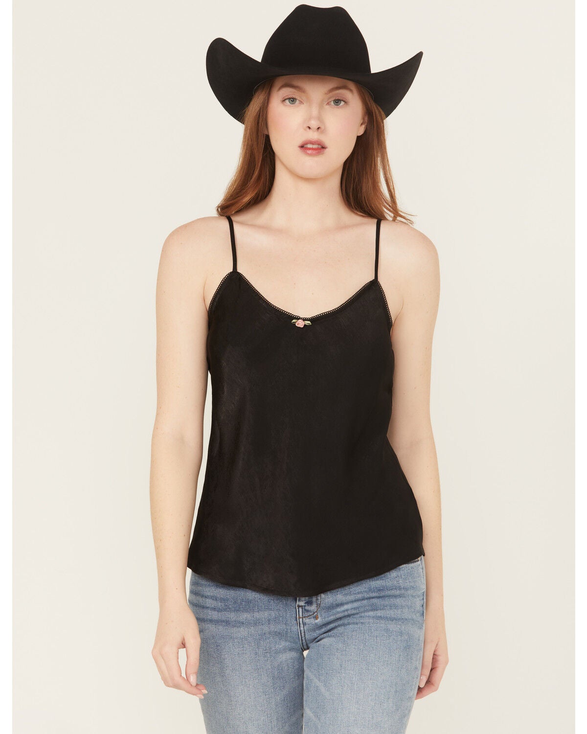Originality Women's Solid Sleeveless Satin Cami, Black, hi-res