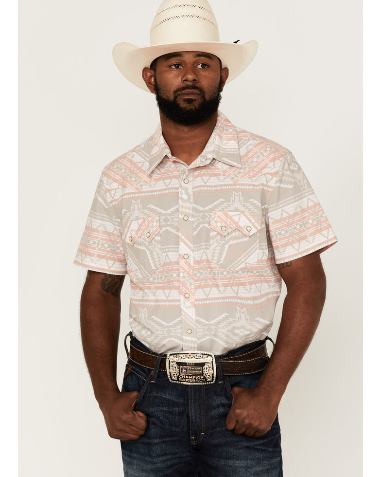 Rock & Roll Denim Men's Vintage Southwestern Print Short Sleeve Snap Western Shirt , Natural, hi-res