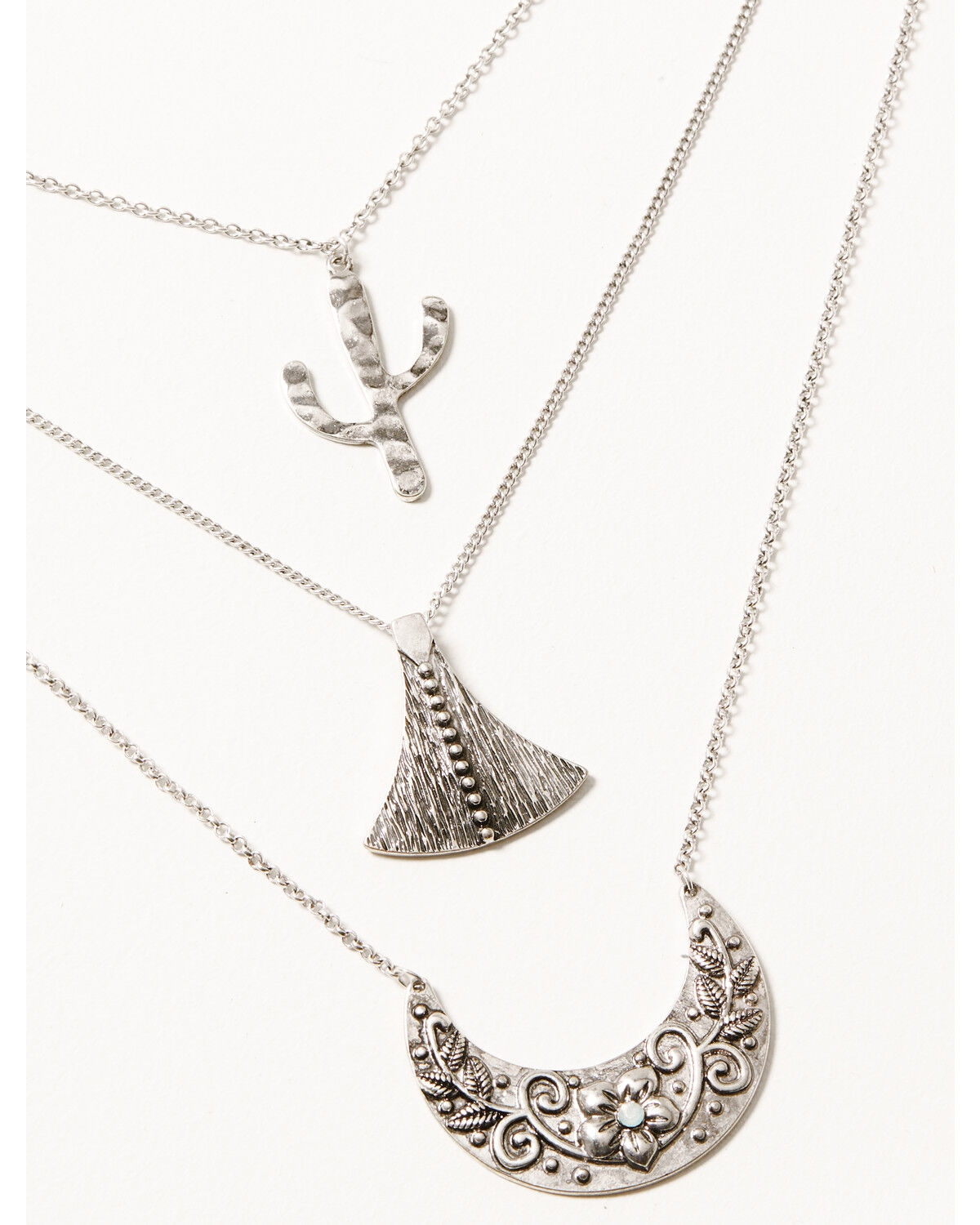 Image #2 - Prime Time Jewelry Women's Silver 3-piece Layered Cactus & Crescent Pendant Necklace, Silver, hi-res