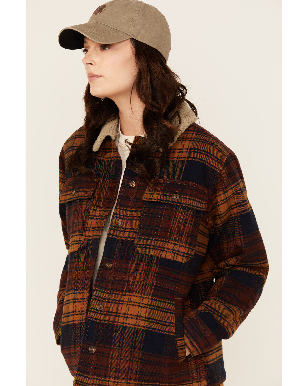 Image #2 - Lucky Brand Workwear Women's Twill Plaid Print Sherpa Lined Button-Down Work Jacket, Navy, hi-res