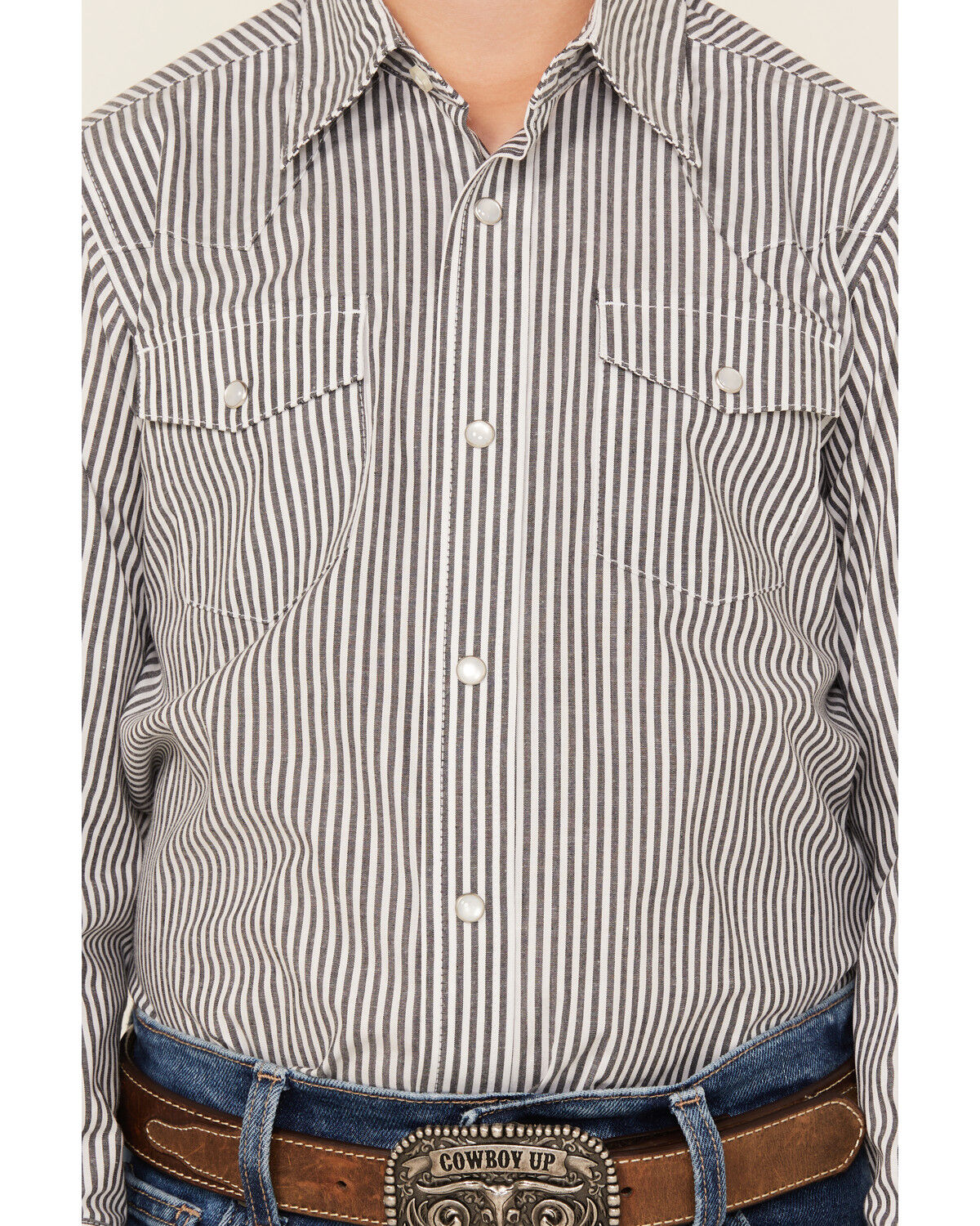 Image #3 - Wrangler Boys' Striped Print Long Sleeve Pearl Snap Western Shirt, Black/white, hi-res