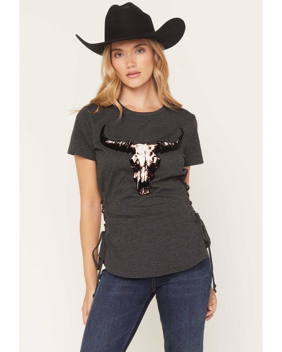 Blended Women's Bull Skull Short Sleeve Graphic Tee, Charcoal, hi-res