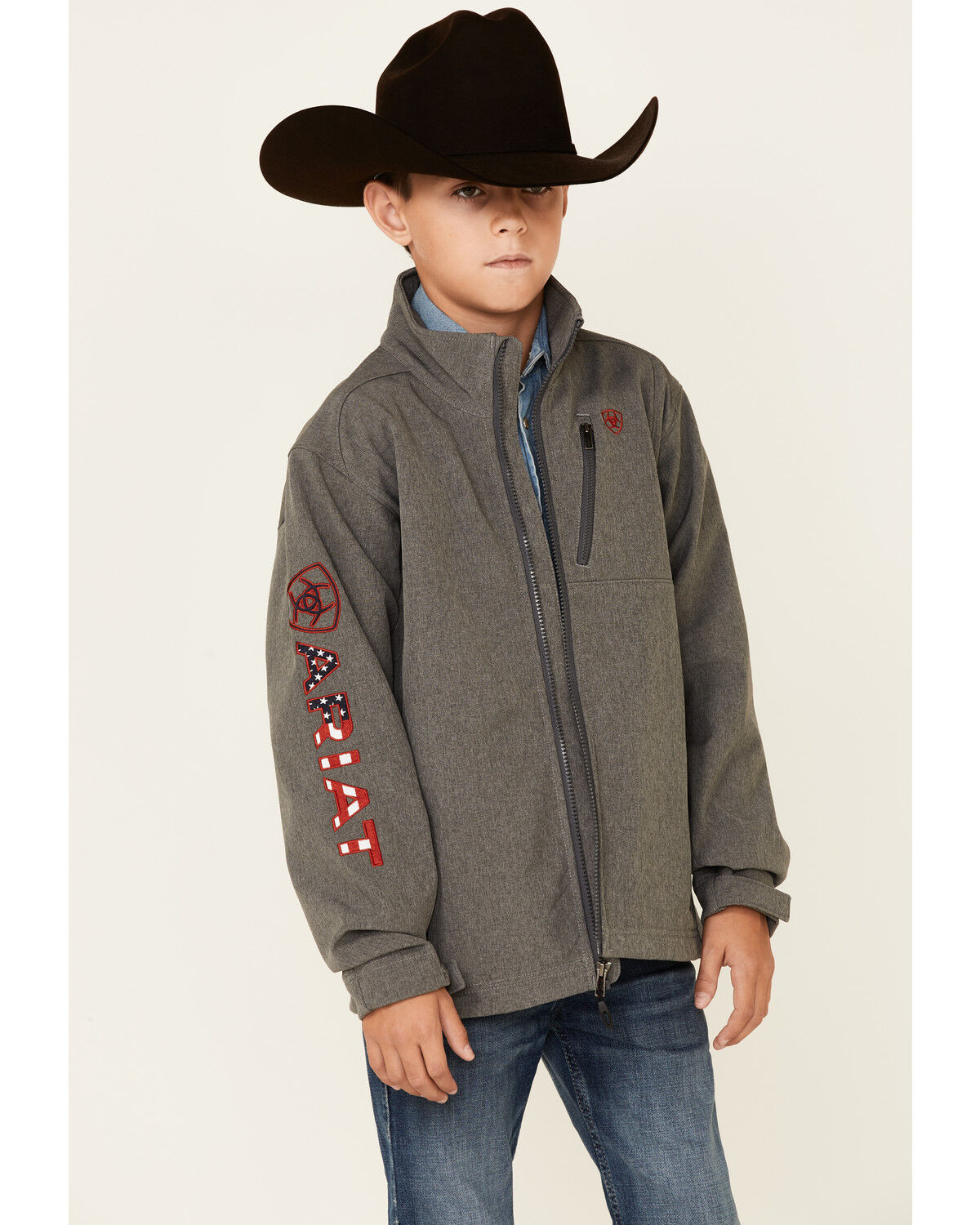 Image #1 - Ariat Boys' Americana Logo 2.0 Zip-Front Softshell Jacket, Charcoal, hi-res