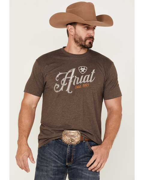 Ariat Men's 100 Proof Logo Graphic Short Sleeve T-Shirt , Brown, hi-res