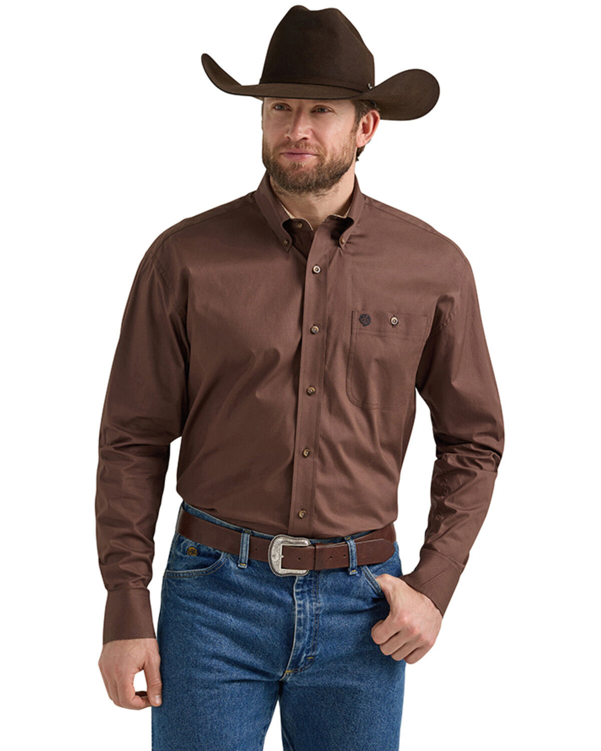 Image #1 - George Strait by Wrangler Men's Solid Long Sleeve Button-Down Stretch Western Shirt - Big, Dark Brown, hi-res