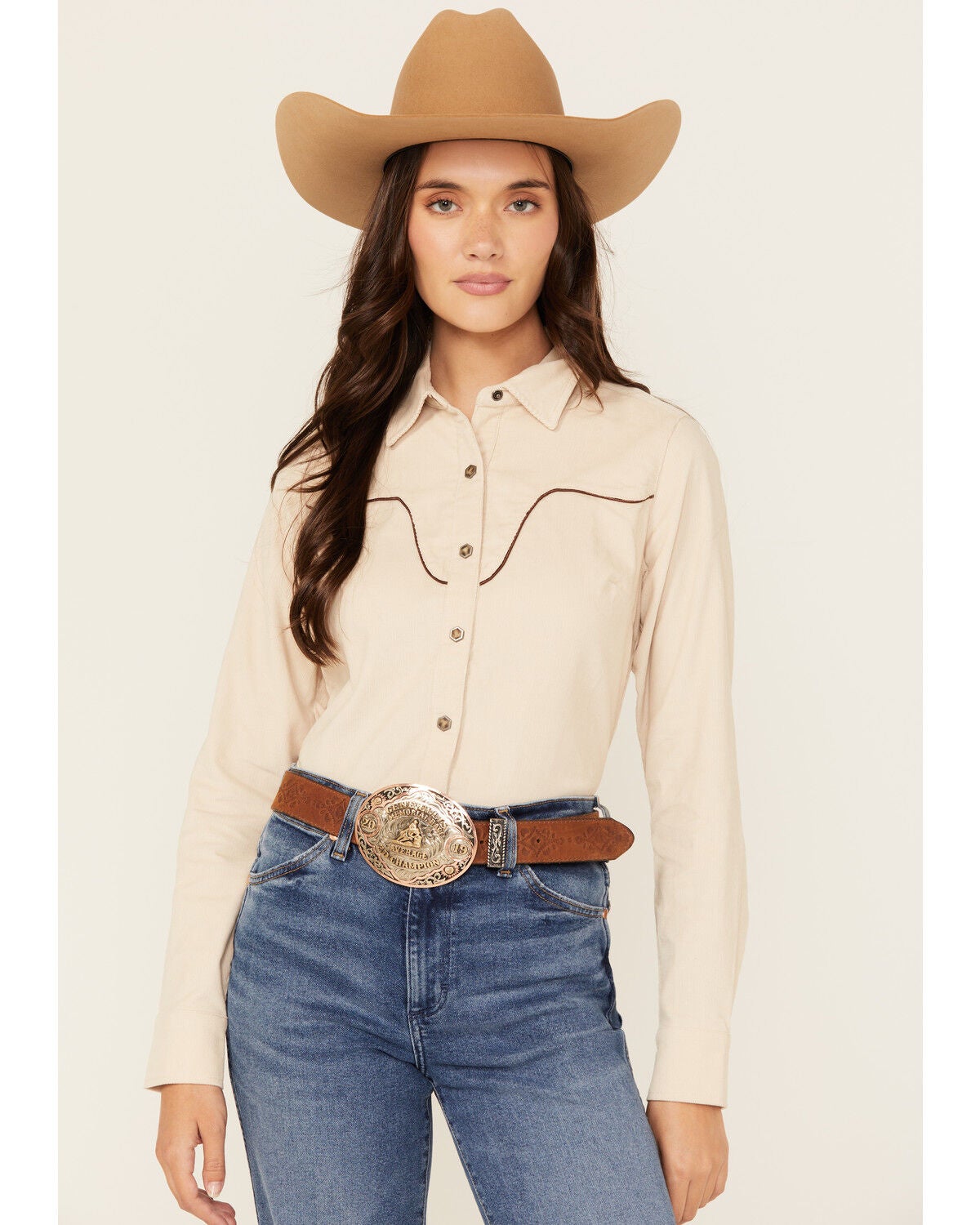 Shyanne Women's Corduroy Long Sleeve Snap Western Shirt, Natural, hi-res