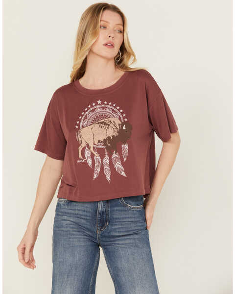 Image #1 - Ariat Women's Buffalo Short Sleeve Cropped Graphic Tee, Rust Copper, hi-res
