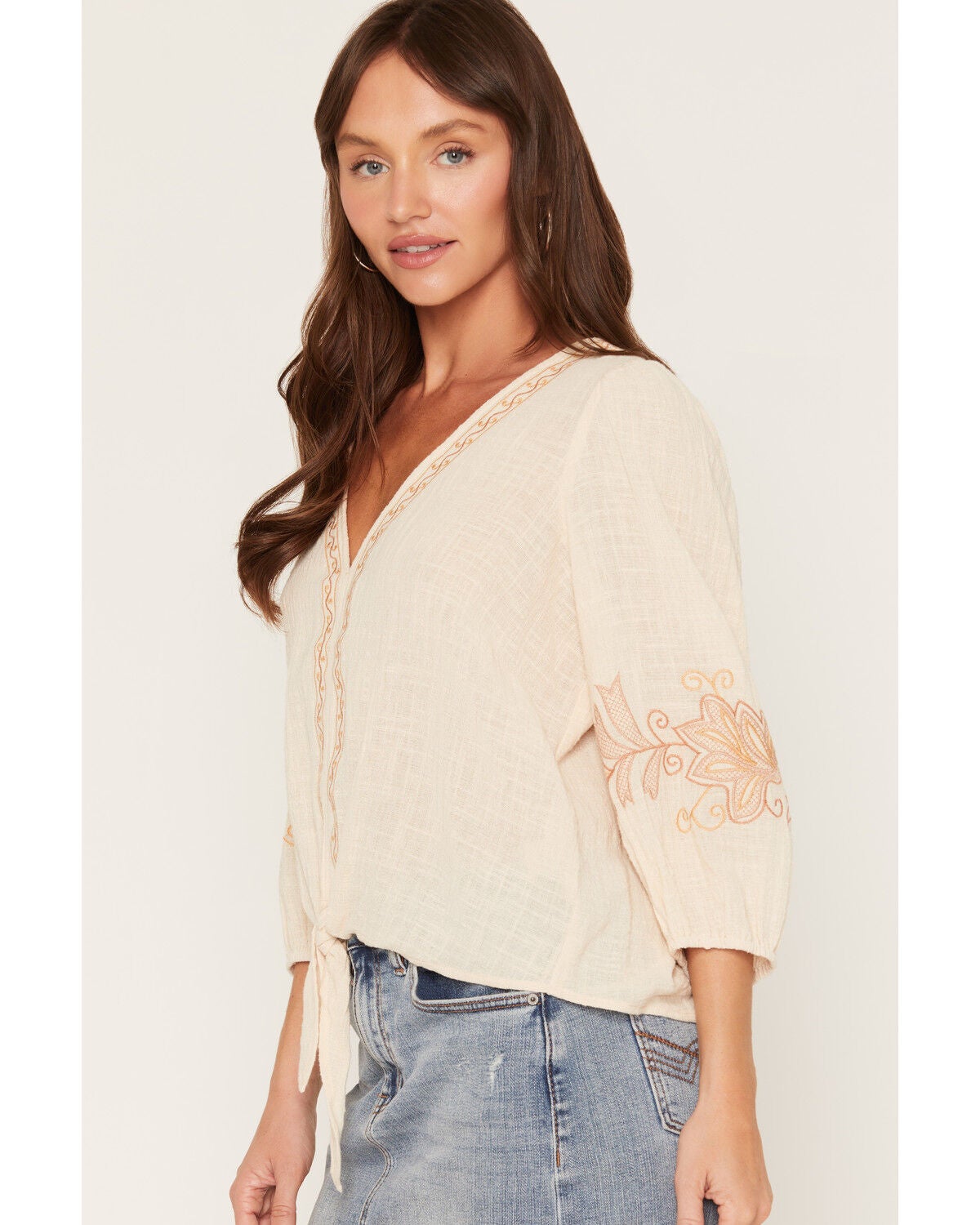 Image #2 - Lovestitch Women's Embroidered Long Sleeve Shirt, Peach, hi-res