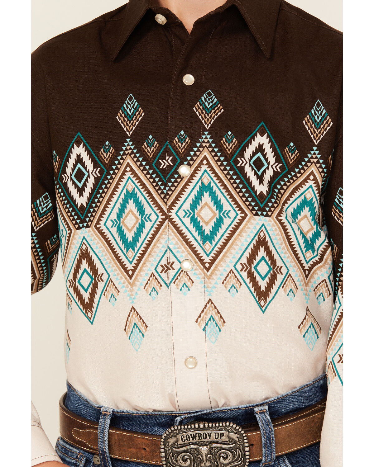 Image #3 - Panhandle Boys' Southwestern Print Border Long Sleeve Snap Western Shirt, Brown, hi-res