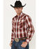 Image #2 - Ely Walker Men's Plaid Print Long Sleeve Pearl Snap Western Shirt, Burgundy, hi-res