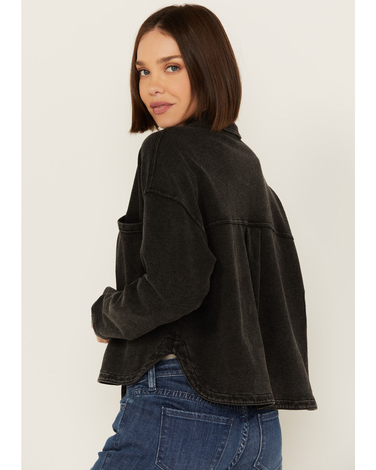 Image #4 - White Crow Women's Denim Knit Cropped Shacket, Black, hi-res