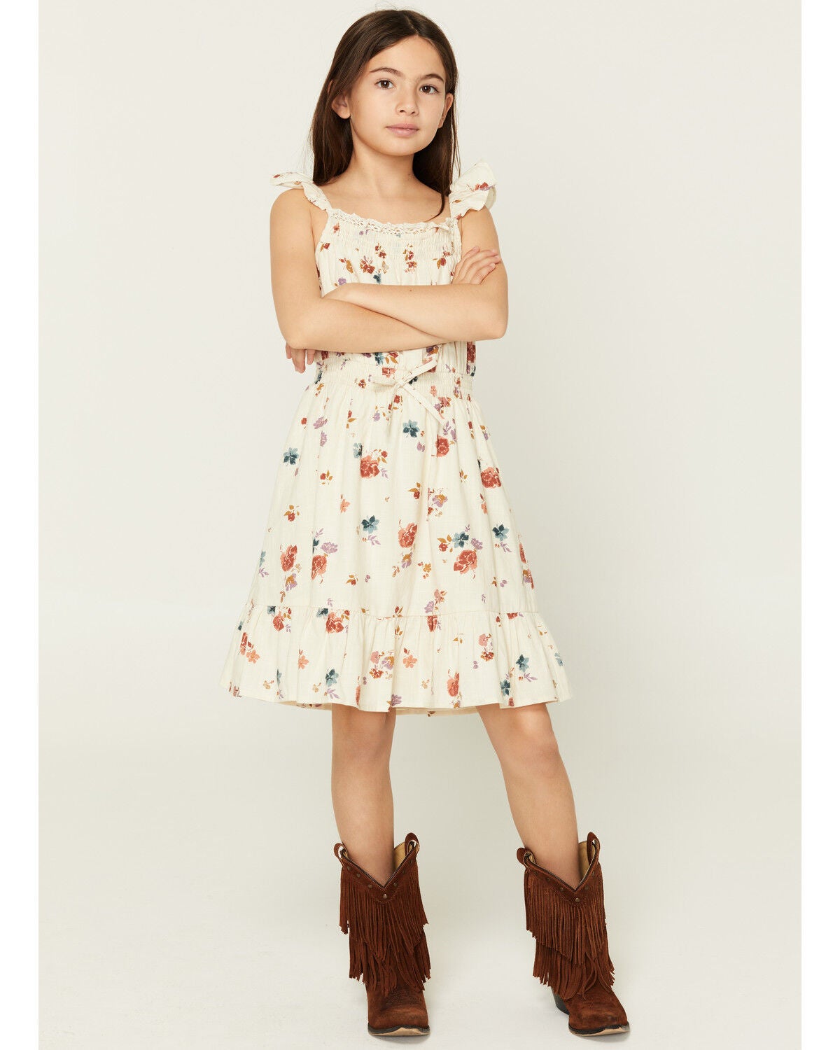 Shyanne Girls' Floral Print Sleeveless Dress, Oatmeal, hi-res