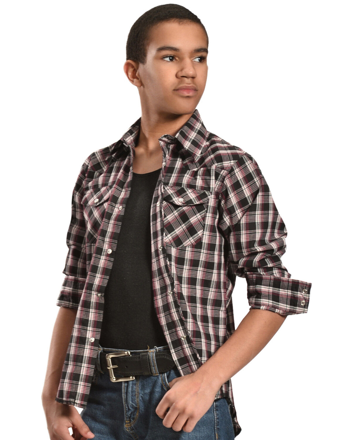 Image #2 - Wrangler Boys' Assorted Plaid Long Sleeve Pearl Snap Western Shirt, Plaid, hi-res