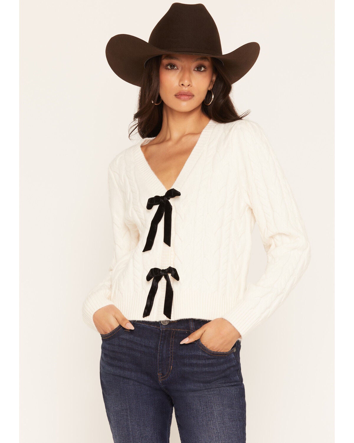 Sadie & Sage Women's Bow Cardigan, Cream, hi-res