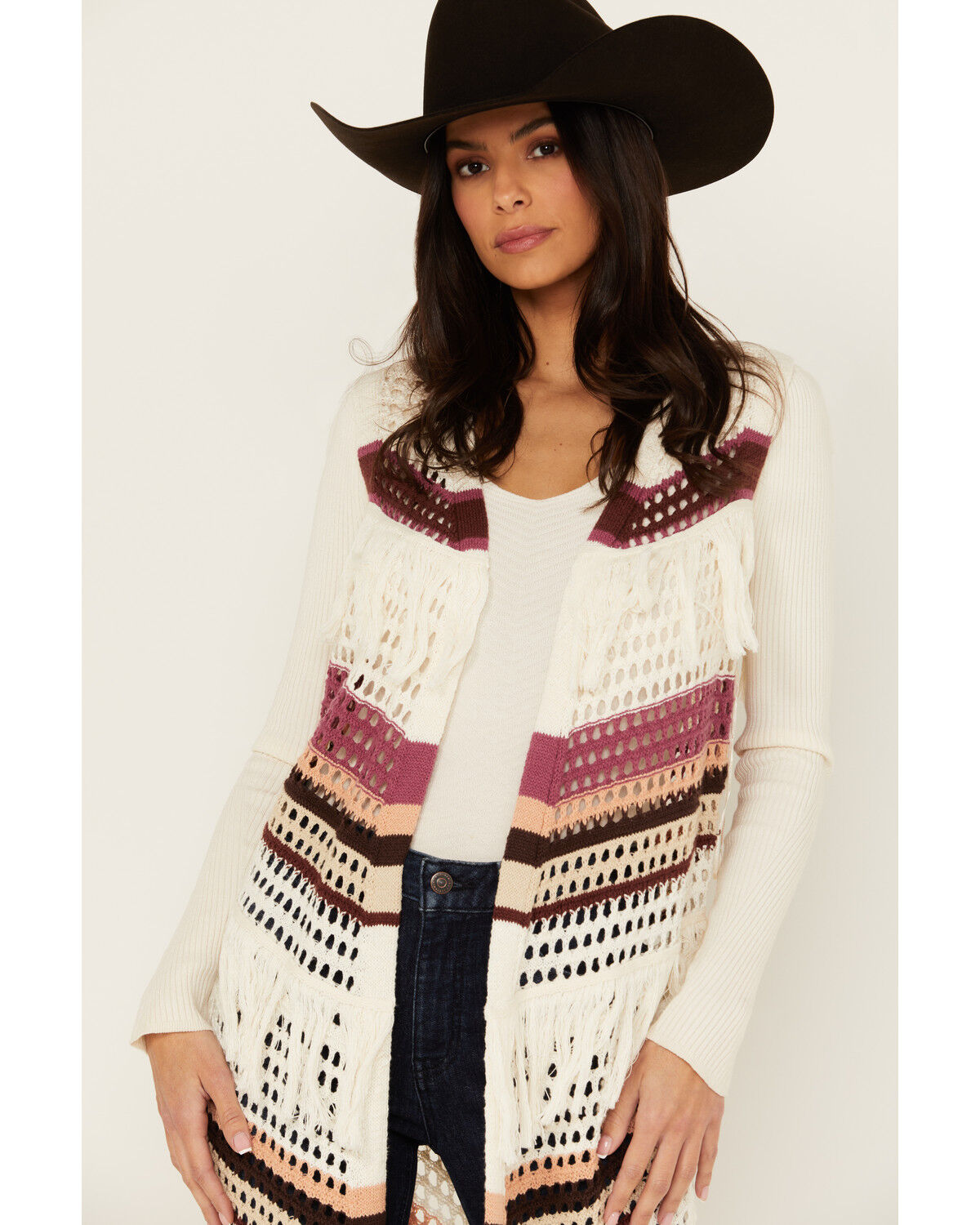 Image #2 - Shyanne Women's Long Striped Crochet Fringe Sweater Vest, Cream, hi-res
