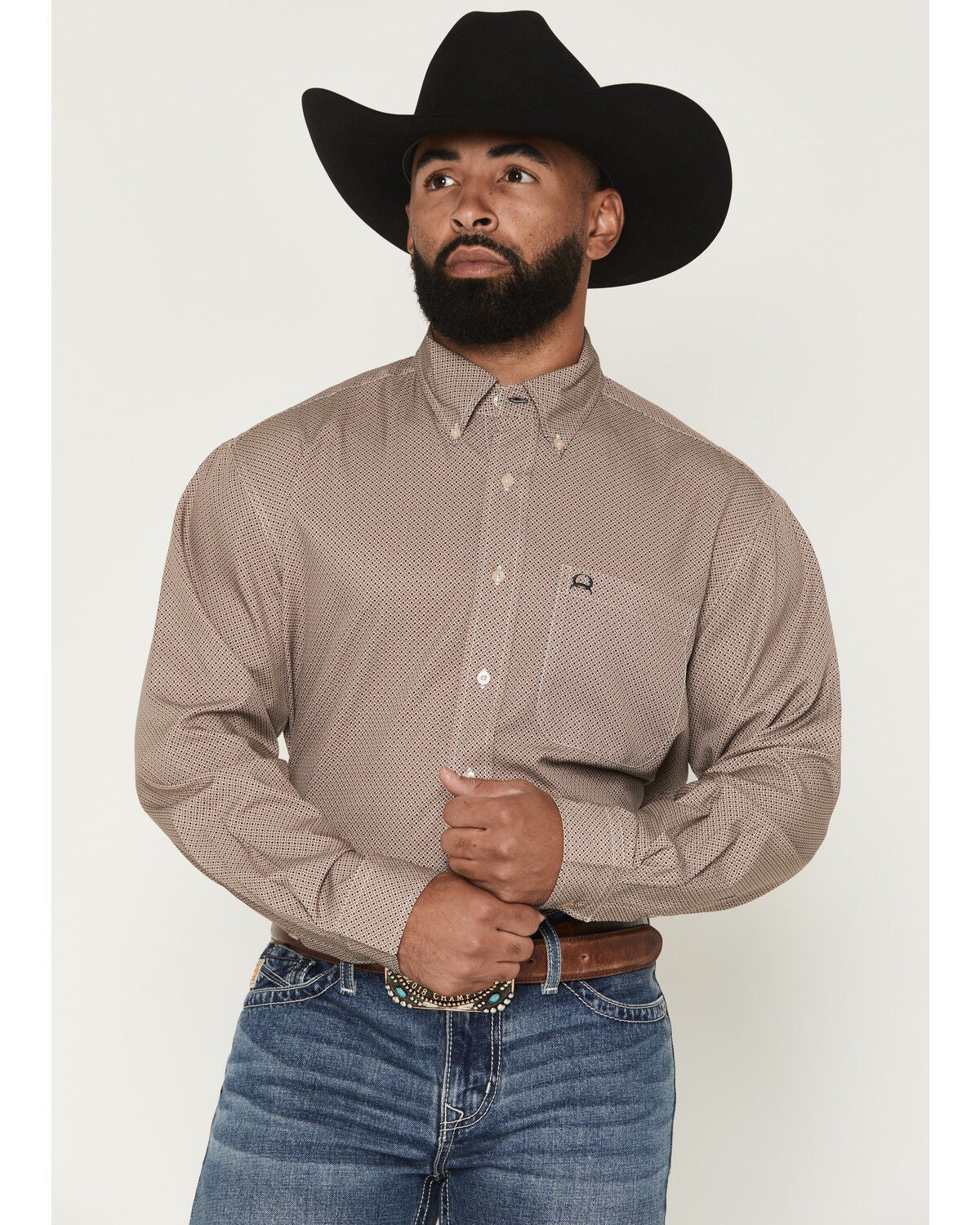 Image #1 - Cinch Men's AF Geo Print Long Sleeve Button-Down Stretch Western Shirt, Brown, hi-res