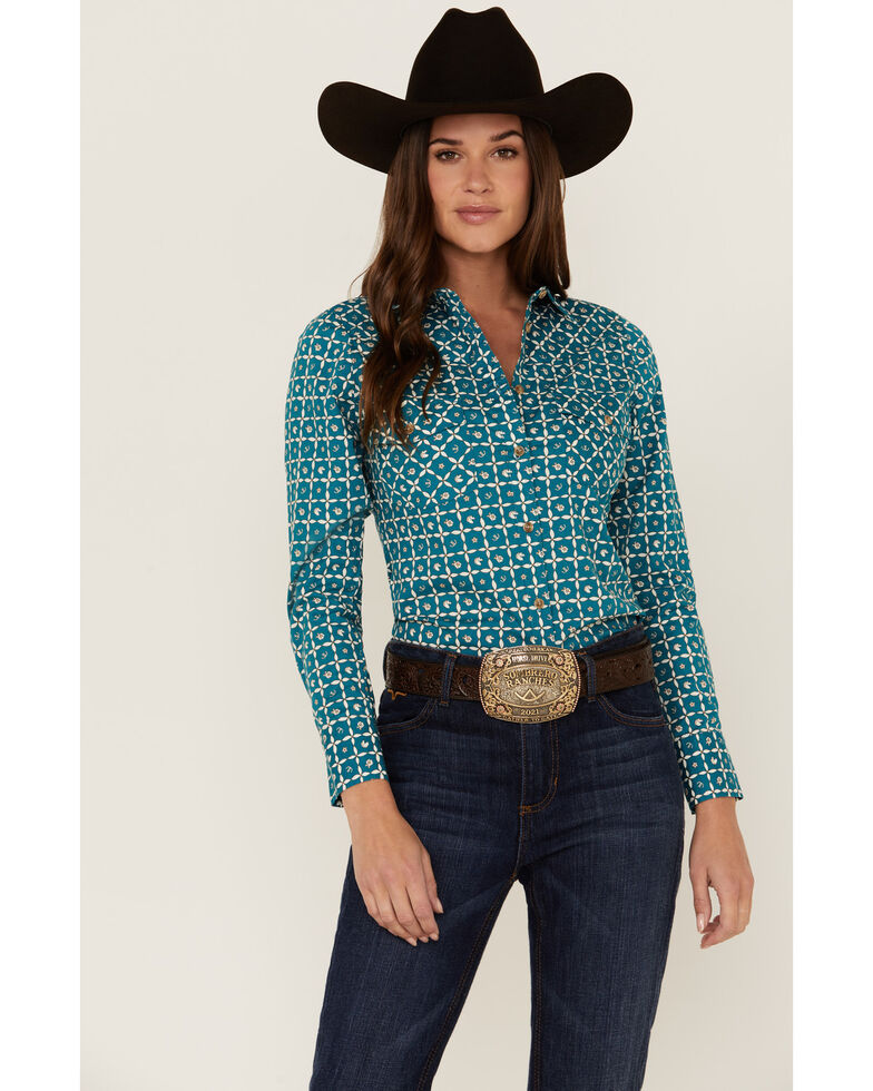 Rank 45 Women's Teal Western Tile Print Riding Shirt, Teal, hi-res