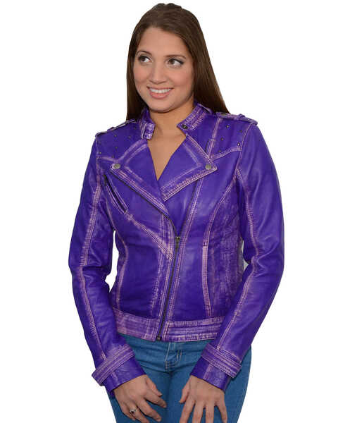 Image #1 - Milwaukee Leather Women's Studded Sheepskin Asymmetrical Moto Jacket, Purple, hi-res