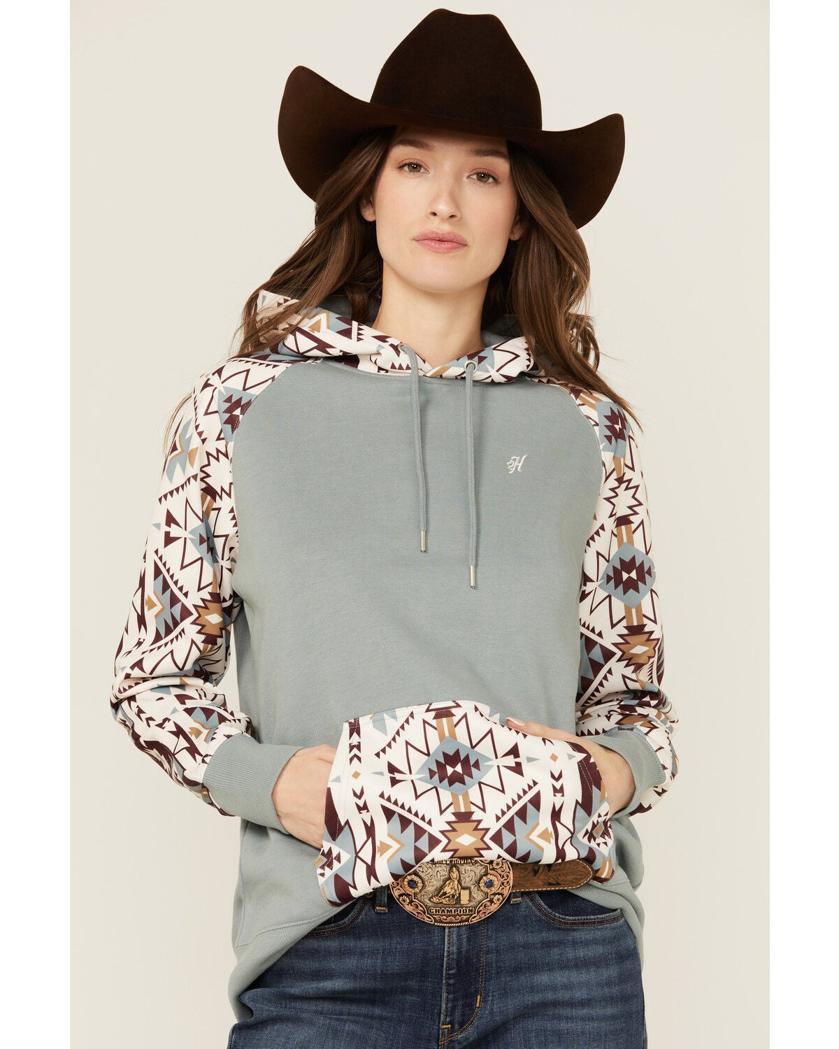 Hooey Women's Southwestern Print Hoodie, Blue, hi-res