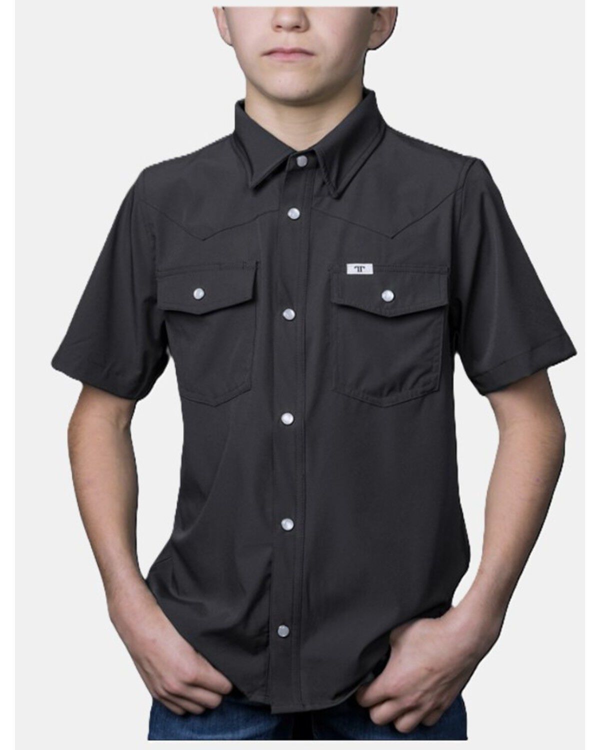Ferrell Boys' Core Tek Solid Short Sleeve Snap Performance Western Shirt, Grey, hi-res