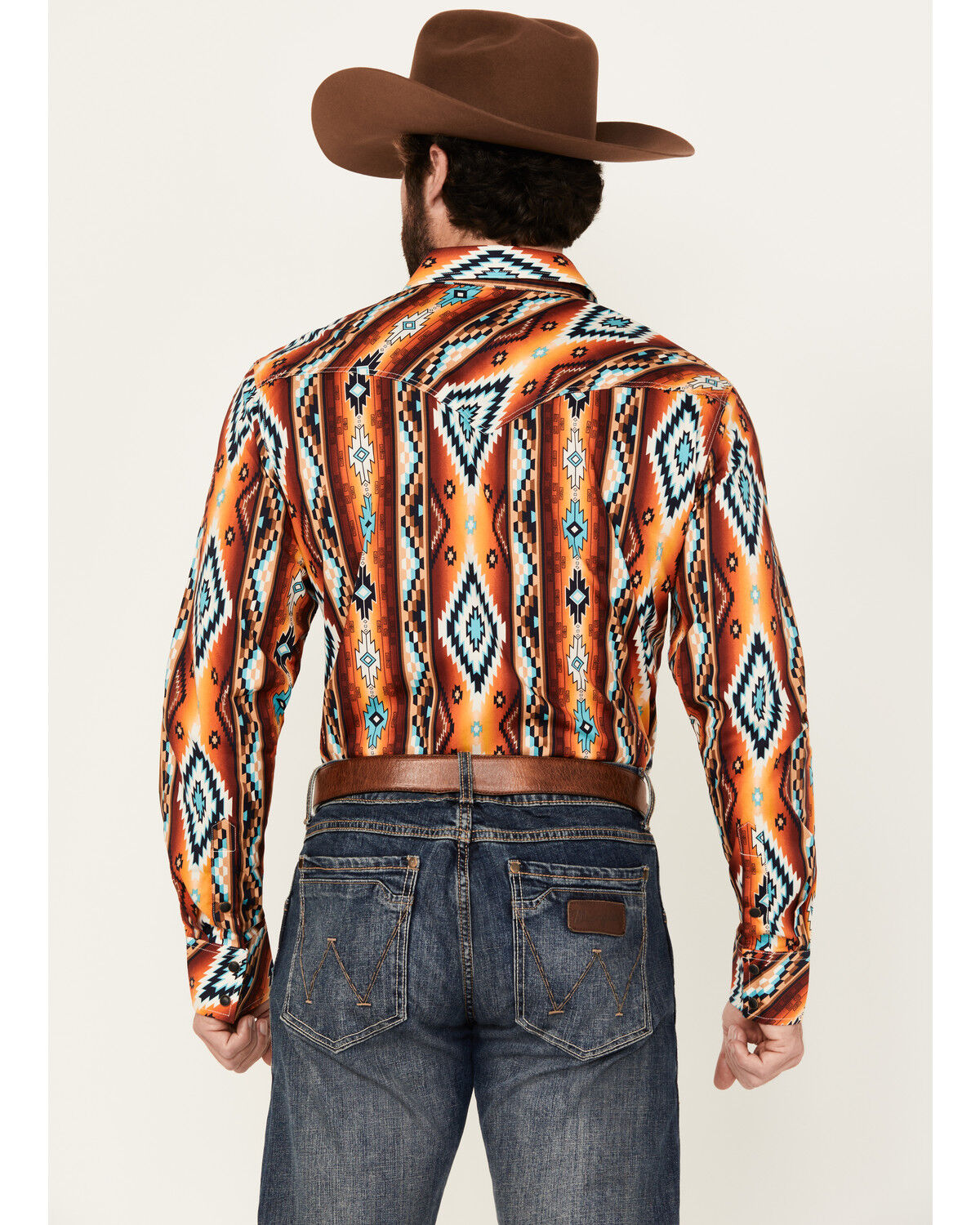 Image #4 - Rock & Roll Denim Men's Southwestern Striped Long Sleeve Snap Stretch Western Shirt, Orange, hi-res