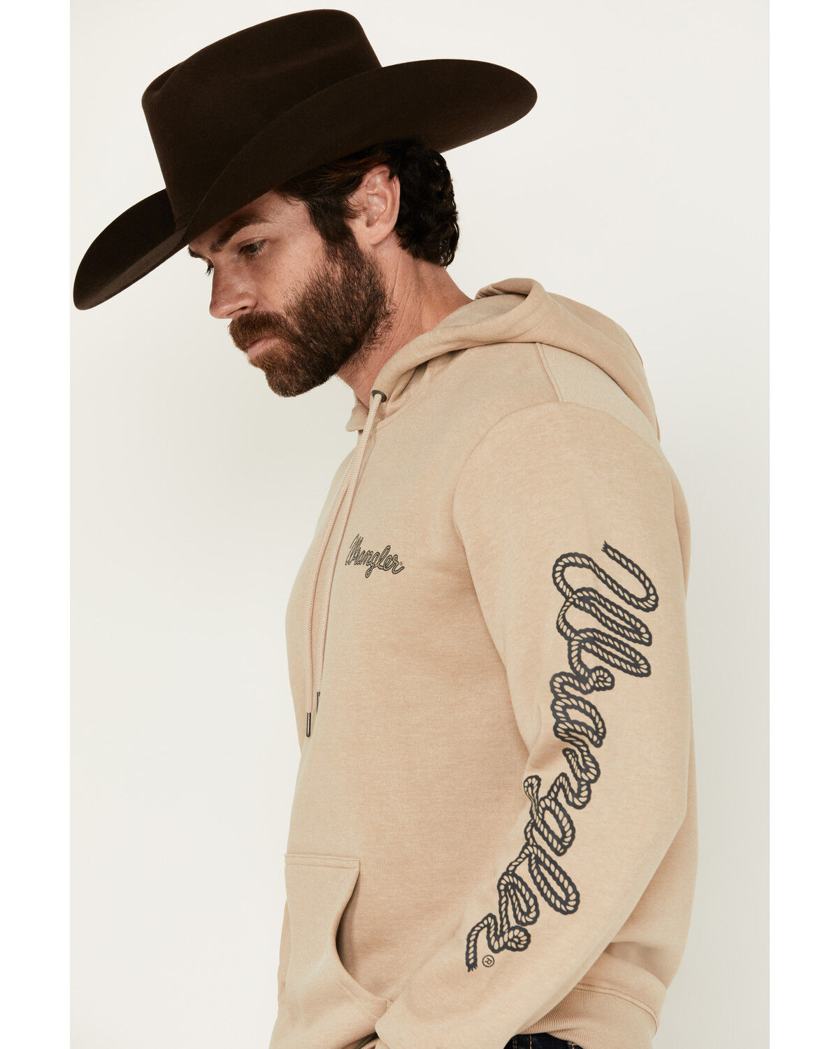Image #2 - Wrangler Men's Logo Sleeve Hooded Sweatshirt, Beige, hi-res