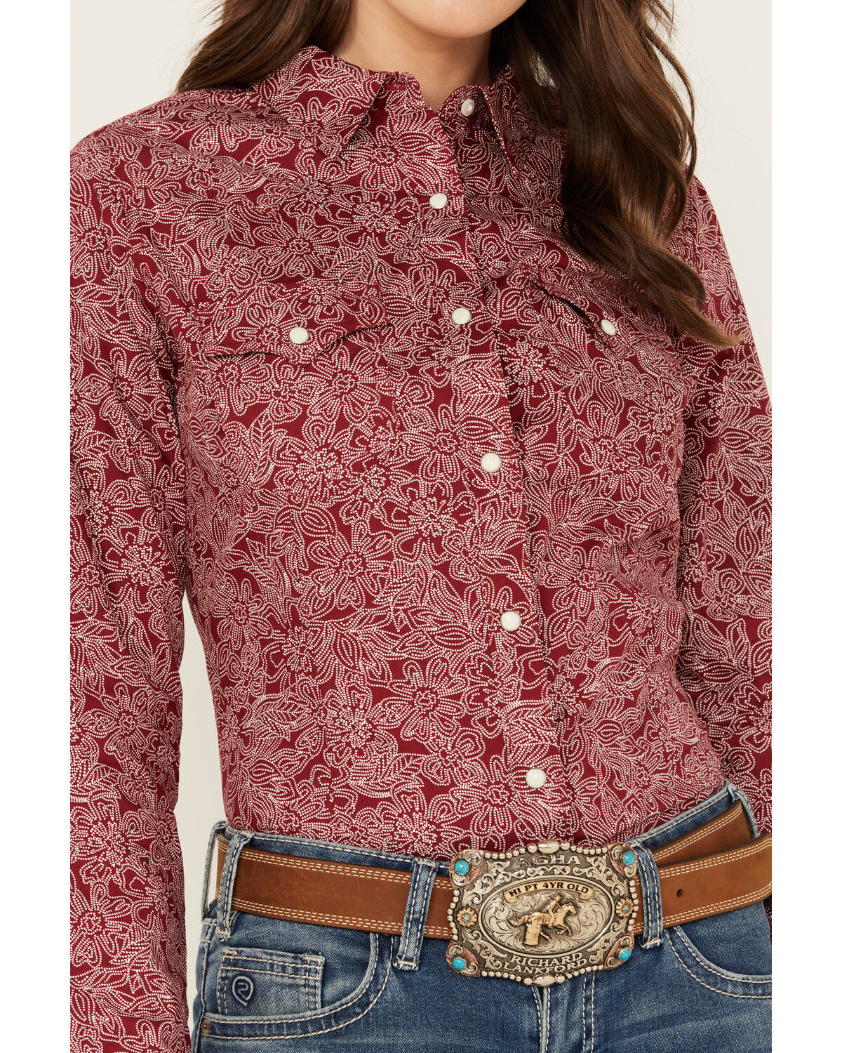 Image #3 - Wrangler Women's Floral Print Long Sleeve Snap Western Shirt, Red, hi-res