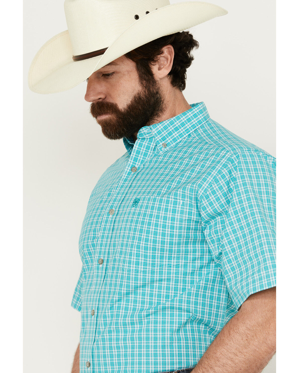 Image #2 - Ariat Men's Jensen Plaid Print Short Sleeve Button-Down Performance Western Shirt, Turquoise, hi-res