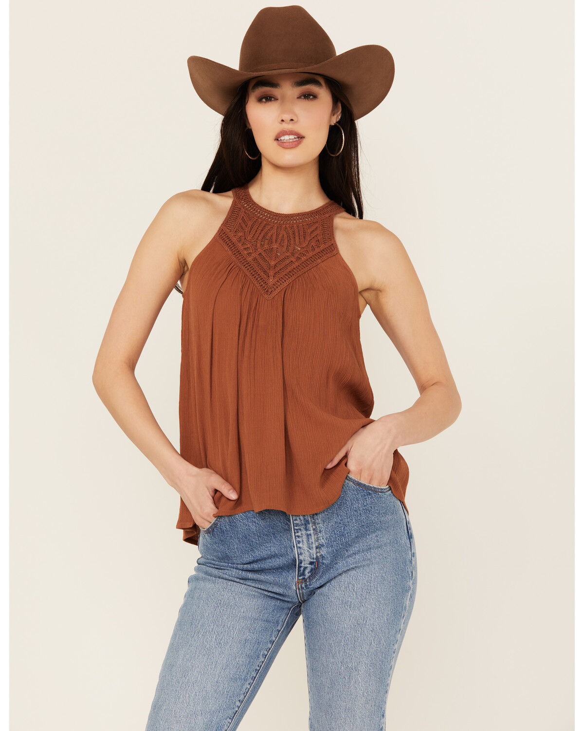 Image #1 - Shyanne Women's Crochet Halter Tank Top, Caramel, hi-res