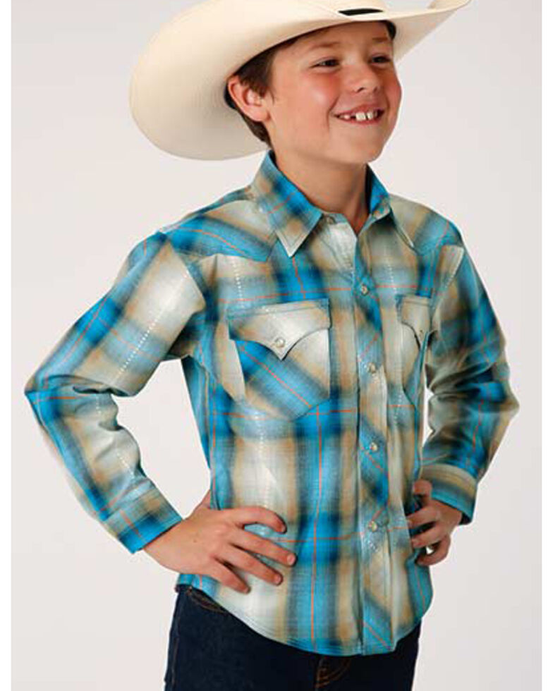  West Made Boys' Tide Pool Dobby Plaid Long Sleeve Western Shirt , Blue, hi-res