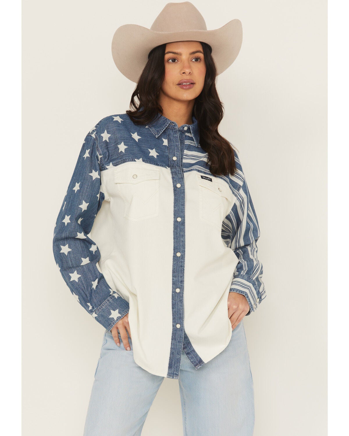 Wrangler Retro Women's Stars and Stripes Long Sleeve Snap Western Shirt, White, hi-res