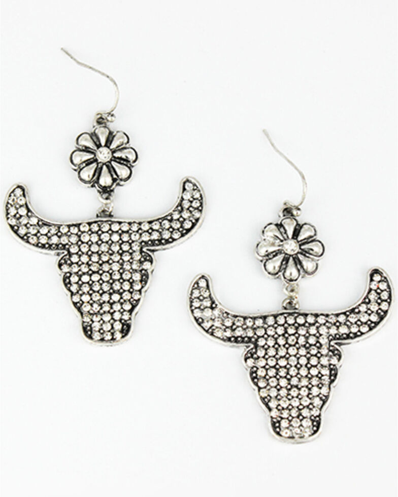 Prime Time Women's Silver Longhorn Rhinestone Drop Earrings, Silver, hi-res