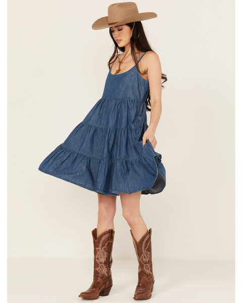Image #1 - Wrangler Women's Denim Strappy Tiered Mini Dress, Blue, hi-res