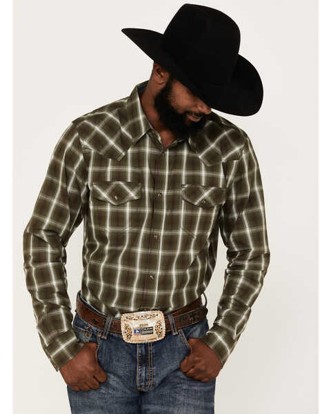 Image #1 - Cody James Men's Lost Trail Plaid Print Long Sleeve Snap Western Shirt , Olive, hi-res