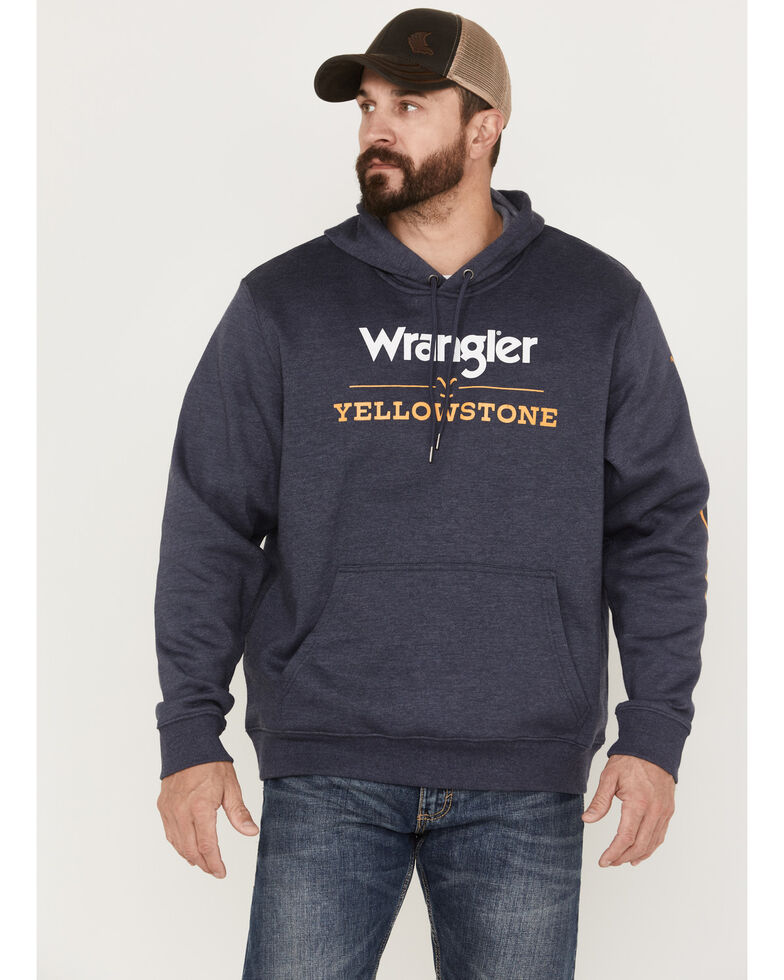 Wrangler Men's Yellowstone Logo Sleeve Hooded Sweatshirt , Navy, hi-res