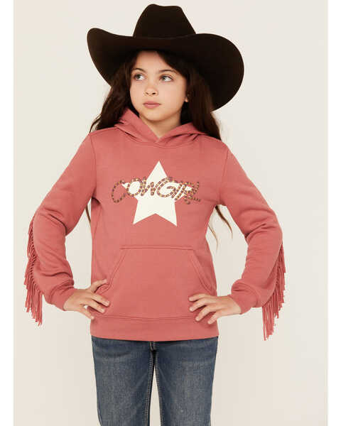 Shyanne Girls' Cowgirl Fringe Graphic Hoodie, Coral, hi-res