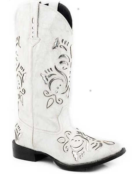Image #1 - Roper Women's Belle Underlay Fashion Western Boots - Broad Square Toe , White, hi-res