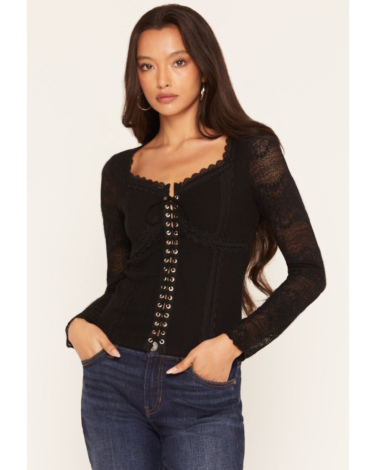 Image #1 - Miss Me Women's Tie-Front Long Sleeve Top, Black, hi-res