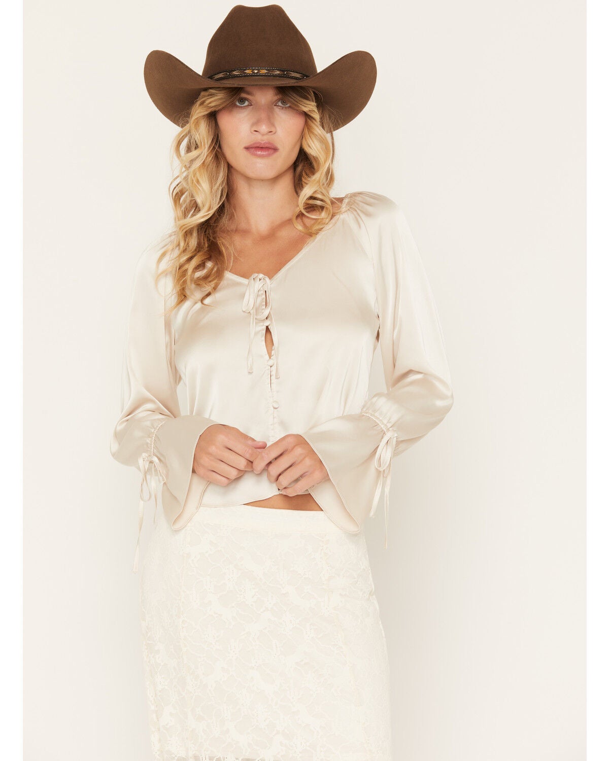 Shyanne Women's Latigo Satin Button-Front Long Sleeve Blouse, Natural, hi-res