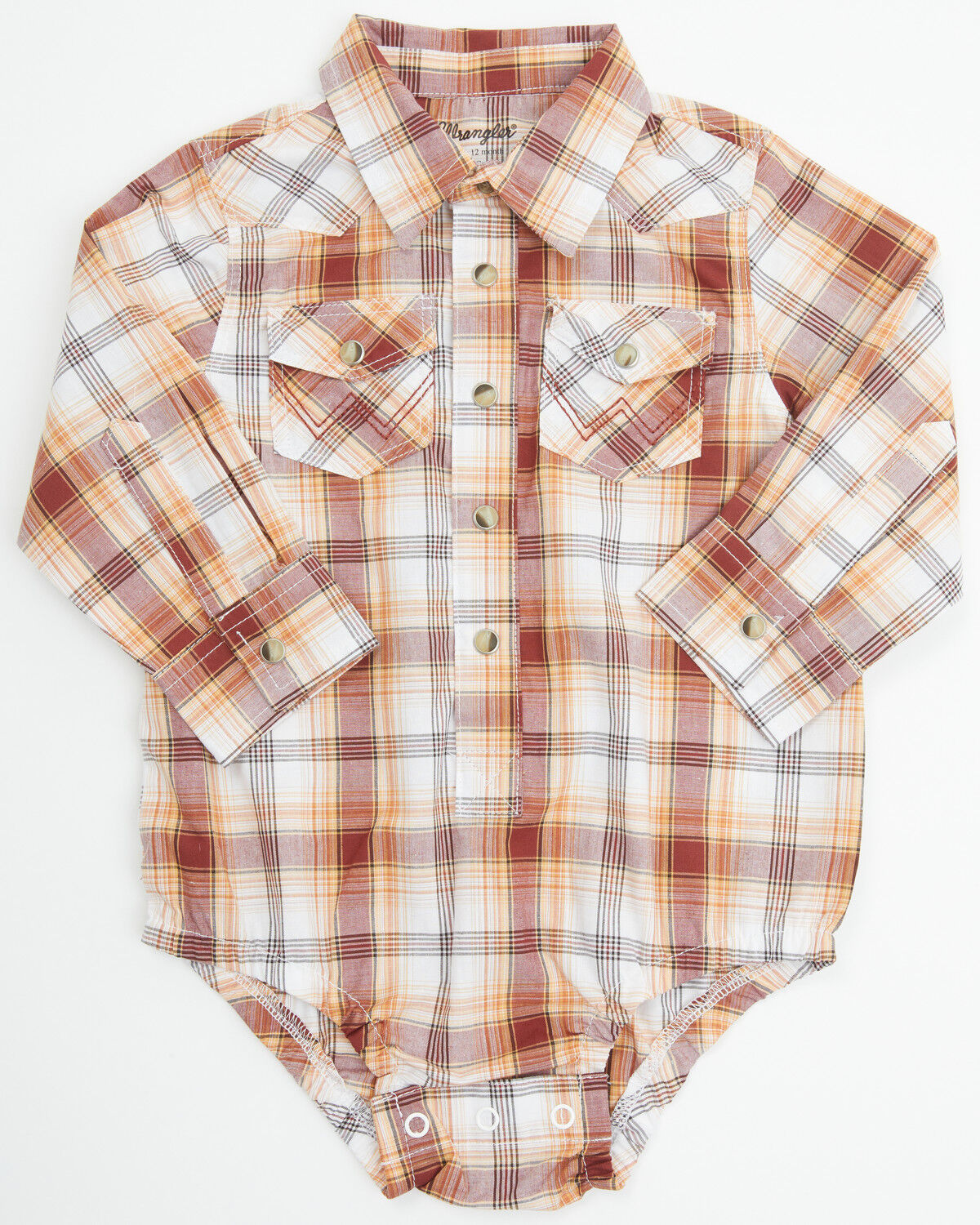 Image #1 - Wrangler Infant Boys' Plaid Print Long Sleeve Snap Onesie, Brown, hi-res