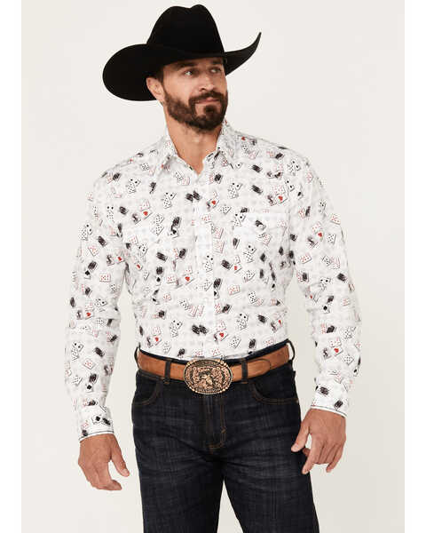 Image #1 - Rough Stock by Panhandle Men's Vegas Card Print Long Sleeve Pearl Snap Western Shirt, White, hi-res