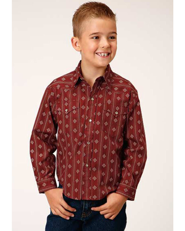 Roper Boys' Red Southwestern Print Long Sleeve Snap Shirt, Red, hi-res