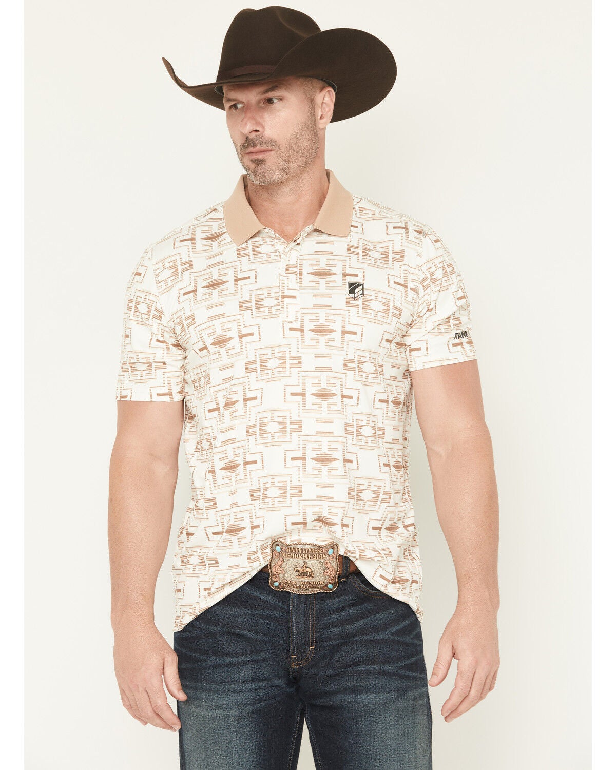 RANK 45&reg; Men's Shoot All Over Southwestern Print Short Sleeve Button-Down Polo, Oatmeal, hi-res