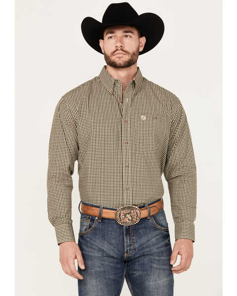Image #1 - George Strait by Wrangler Men's Checkered Print Long Sleeve Button-Down Western Shirt, Tan, hi-res