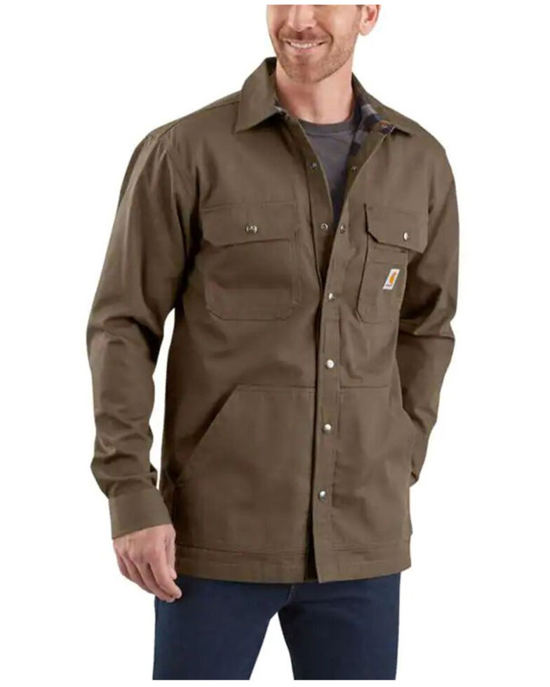 Carhartt Men's Solid Brown Ripstop Flannel-Lined Snap-Front Work Shirt Jacket , No Color, hi-res